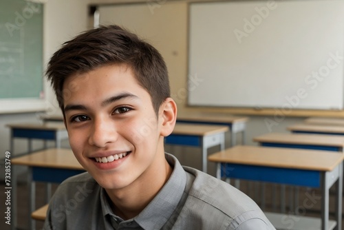 Close-up of a happy boy sitting in the classroom with copy space