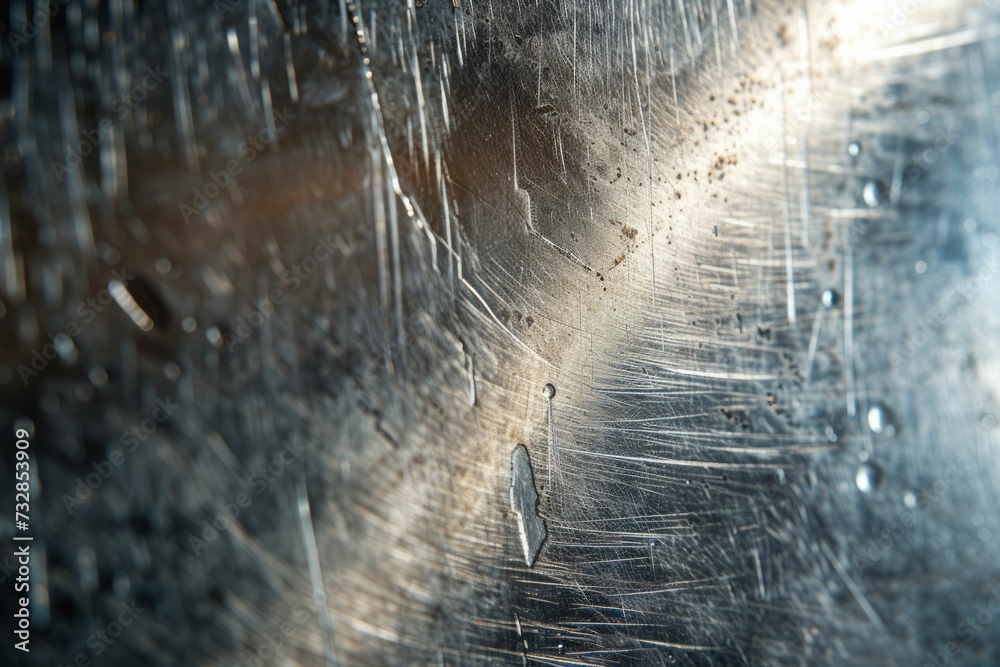 Textured close-up of a scratched aluminum surface, emphasizing the reflective qualities and subtle imperfections