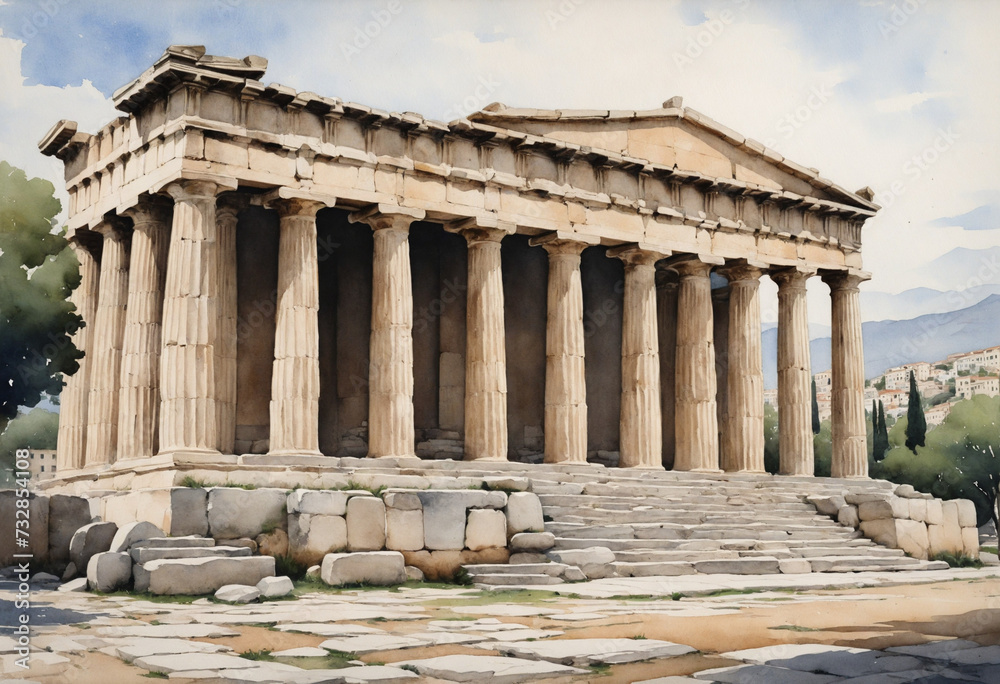 Fototapeta premium Ancient Greek Ruins: A Watercolor Tribute to Mediterranean Architectural Heritage
