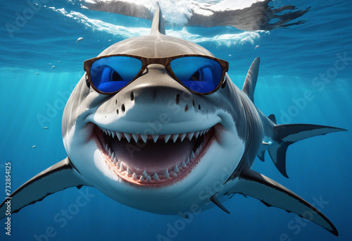 A trendy three-dimensional illustration of a cheerful shark in sunglasses  grinning underwater in vibrant blue water