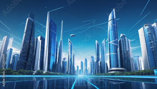  An Urban Skyline of Digital Futurism  A Technological Cityscape with Vibrant Blue Background 
