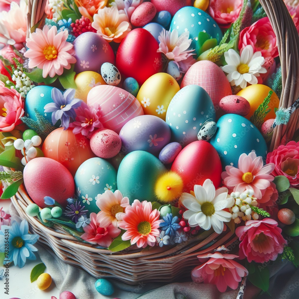 Close-up of a vibrant Easter basket filled with colorful eggs and spring flowers Joyful and festive Perfect for Easter-themed designs Close-up of a vibrant Easter basket filled with colorful eggs and spring flowers Joyful and festive Perfect for Easter-themed designs