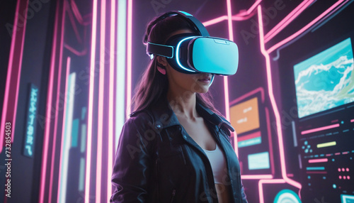 Journeying through a Neon-Fueled Cyber Metropolis: Futuristic Woman Explores VR Simulation with High-Tech Headset © SR07XC3