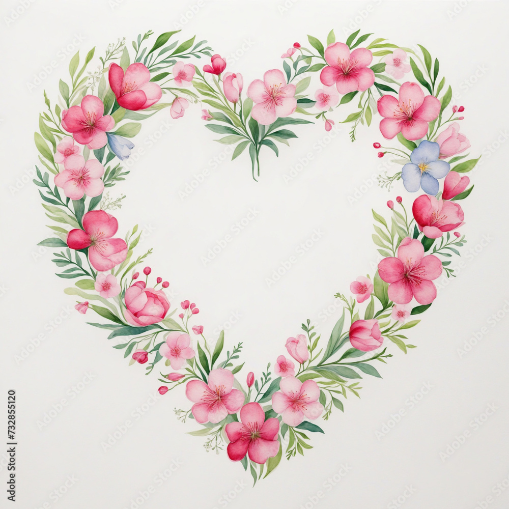 Watercolor Illustration: Spring Blossoms Forming a Heart, Symbolizing Love, Against a Clean White Background, Evoking Romantic Sentiments in a Delicate Floral Composition