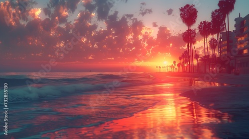 Vintage-style beach sunset, rendered with a film-like grain and muted colors, capturing the nostalgia of summer evenings 