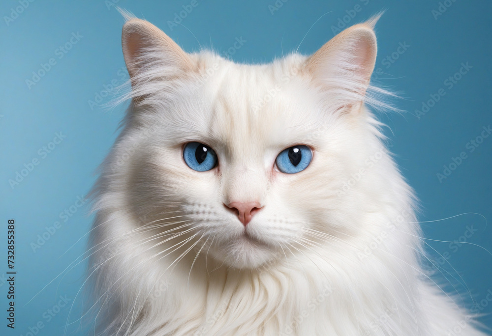 Gorgeous white long-haired cat isolated on the blue sparkle background