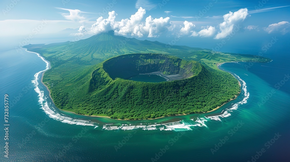 Volcanic island rising from the sea, its crater a dark contrast against the vibrant forest and sandy beaches that encircle it  - obrazy, fototapety, plakaty 