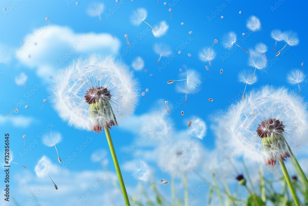 Dandelion seeds floating against a blue sky. Generative AI