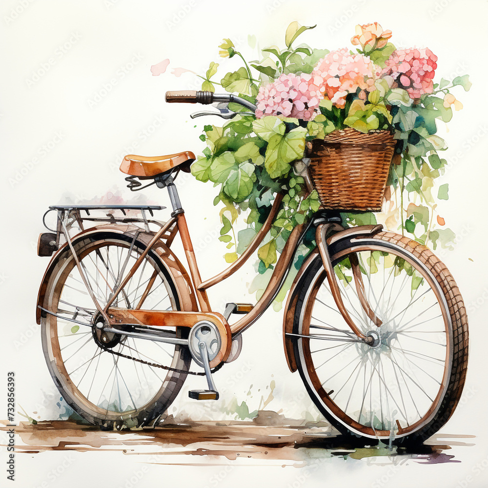 Watercolor Illustration of a Rustic Bicycle with a Front Basket Filled with Plants and Pink Flowers on White Background