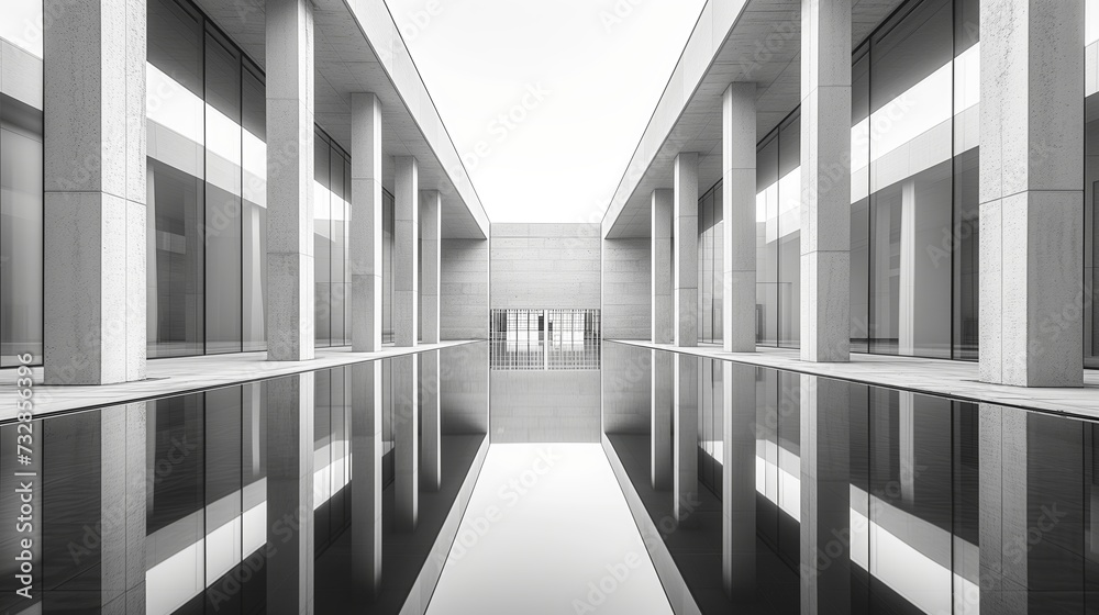 Obraz premium Modern building reflected in the still waters, creating a symmetrical and visually striking composition.