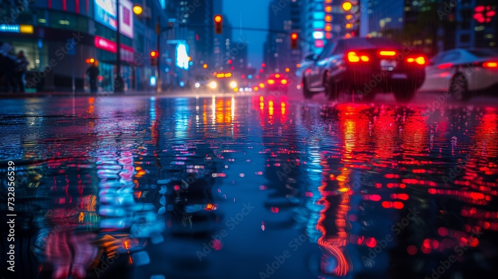 Cityscape reflections in rain, urban scene during rainfall, with reflections of city lights on wet streets.
