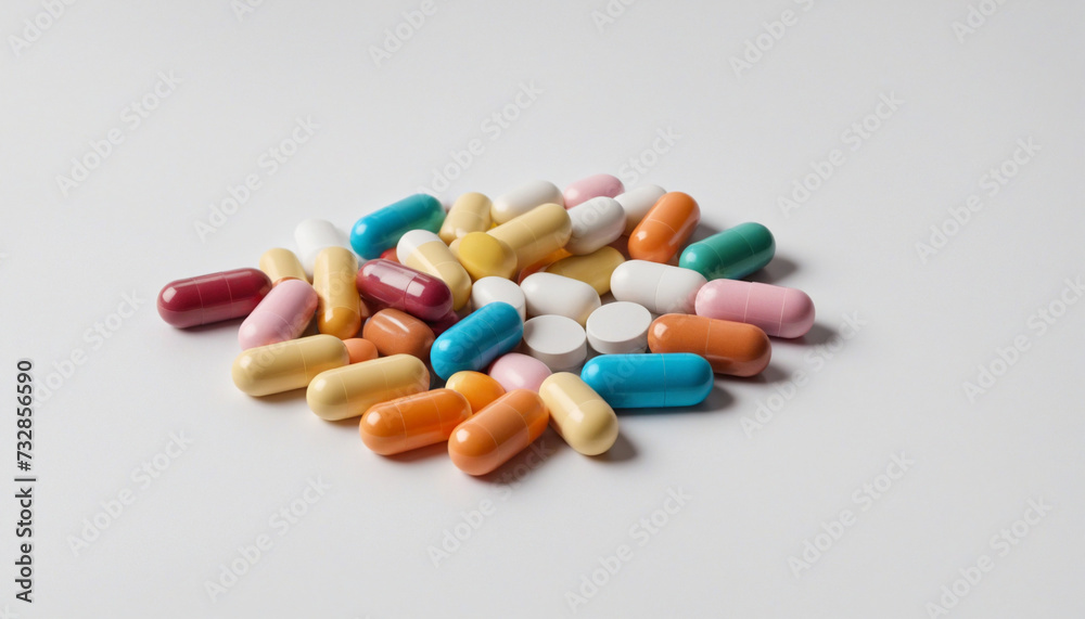 Vibrant assortment of pills on white background - health and wellness concept Vibrant assortment of pills on white background - health and wellness concept
