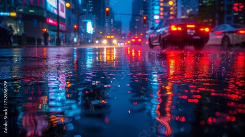 Cityscape reflections in rain  urban scene during rainfall  with reflections of city lights on wet streets.