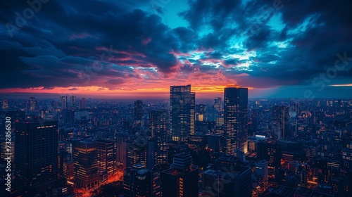 Cityscape at dusk with dramatic lighting, capturing the vibrant colors of city lights and architecture.
