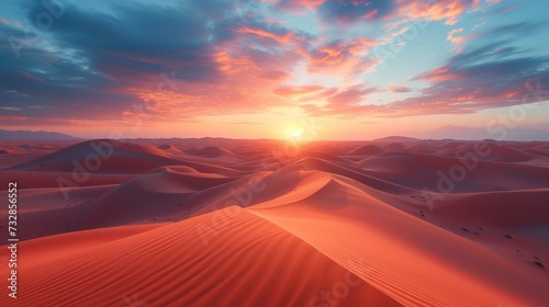 Desert Landscape, vast desert landscape with dunes and a colorful sunset casting warm tones across the scene.