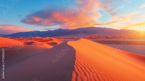 Desert Landscape, vast desert landscape with dunes and a colorful sunset casting warm tones across the scene.