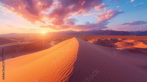 Desert Landscape, vast desert landscape with dunes and a colorful sunset casting warm tones across the scene.
