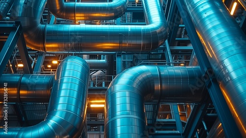 A close-up of industrial pipes and structures, showcasing the geometric beauty of manufacturing architecture.
