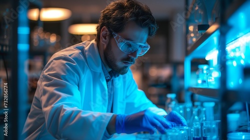 A scientist in a lab coat working with cutting-edge technology or conducting experiments. Soft blue lighting, scientific instruments, and a modern laboratory setting create a futuristic vibe.