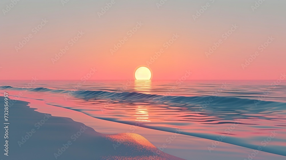 Zen-inspired beach sunset, a minimalist composition with smooth sand, a calm sea, and a sun setting perfectly in the center 