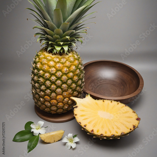 Tasty pineapple in a wood bowl on clear background PNG