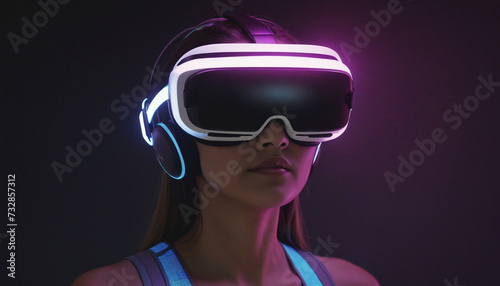 A female figure wearing VR glasses in a dimly lit space with neon lights. © SR07XC3