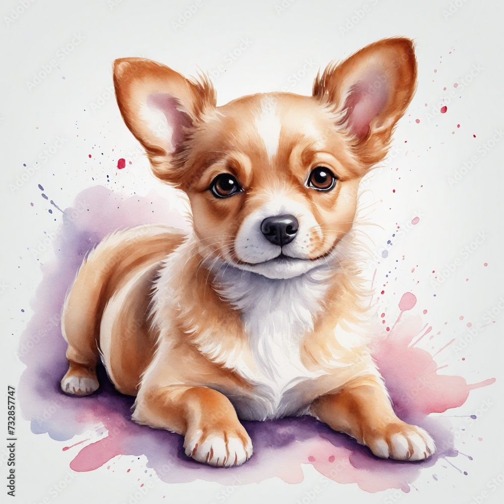 Cute cheerful little dog, puppy in watercolor illustration style