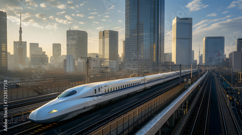 A photo of a high-speed train passing through a city, with skyscrapers and other buildings in the background.