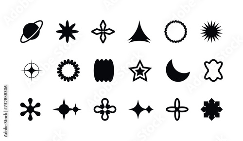 Y2K element set, retro-futuristic Memphis brutalism icons. Simple forms, symbols and frames isolated on transparent background, collection of different graphic star, sparkle and shapes