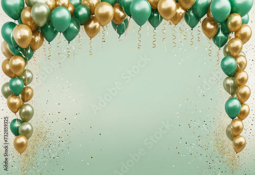 Chic pastel green and gold border with luxurious balloon details and shimmering accents for promotional materials.
