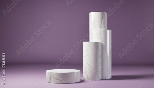 luxury white and purple marble cylinder podium on a purple background for product display and presentation, monochrome and minimalistic look