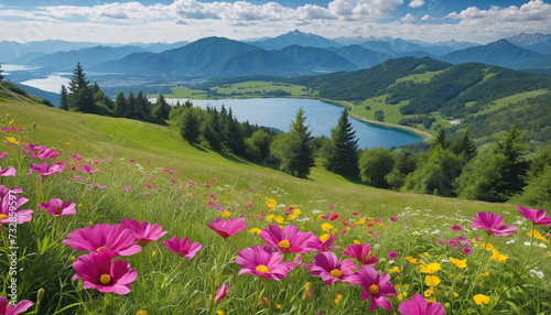 illustration of bright colorful different flowers on a background of mountains