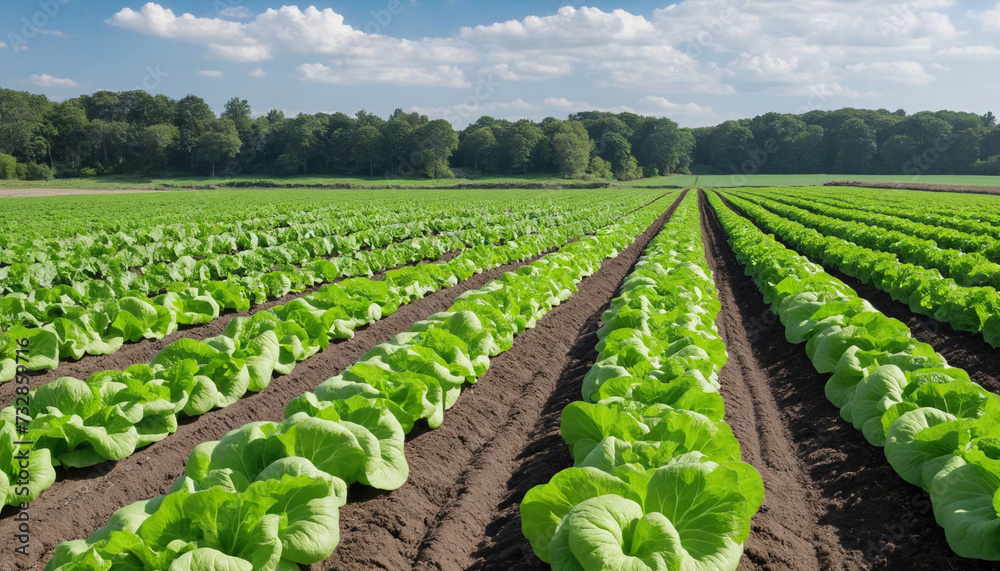 Lush Green Lettuce Rows on a Field Farm Lush Green Lettuce Rows on a Field Farm