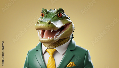 Stylish crocodile in a business suit on a yellow background