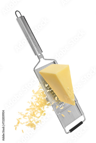 Grating cheese with hand grater in air on white background