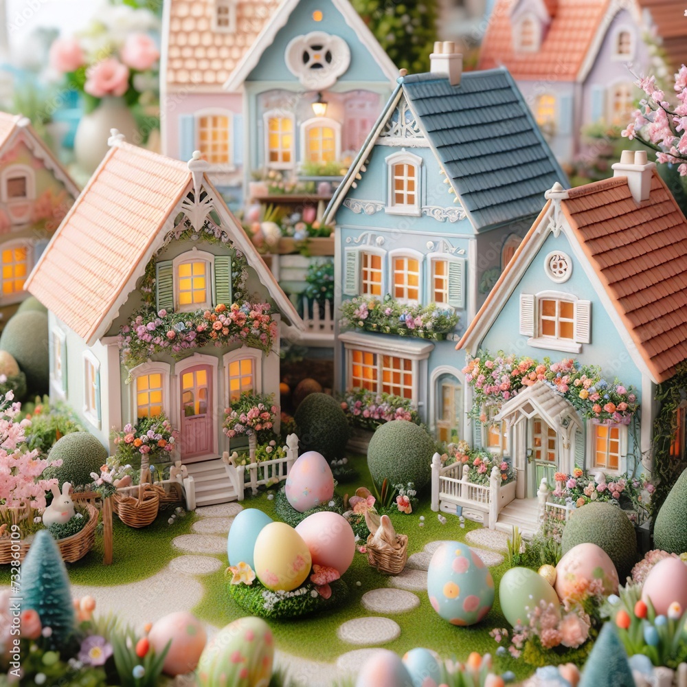 Close-up of a quaint Easter village scene with pastel-colored cottages and blooming gardens Charming and nostalgic Perfect for creating a whimsical Easter atmosphere Close-up of a quaint Easter village scene with pastel-colored cottages and blooming gardens Charming and nostalgic Perfect for creating a whimsical Easter atmosphere