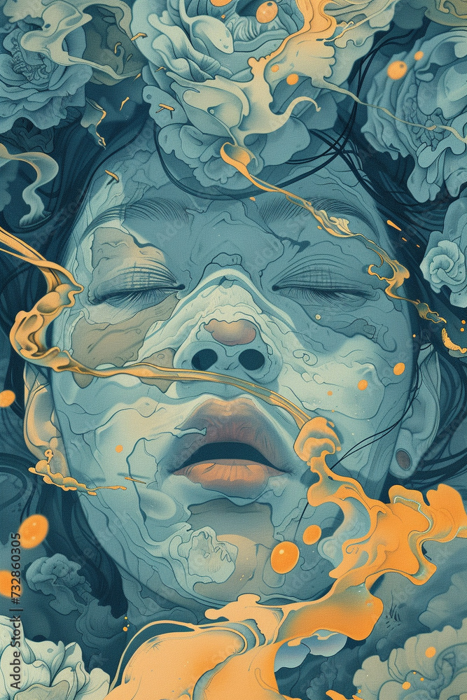 Serene Beauty: Abstract Women Portraits with Closed Eyes, a Captivating Blend of Surrealism and Tranquility for Contemporary Art and Graphic Design