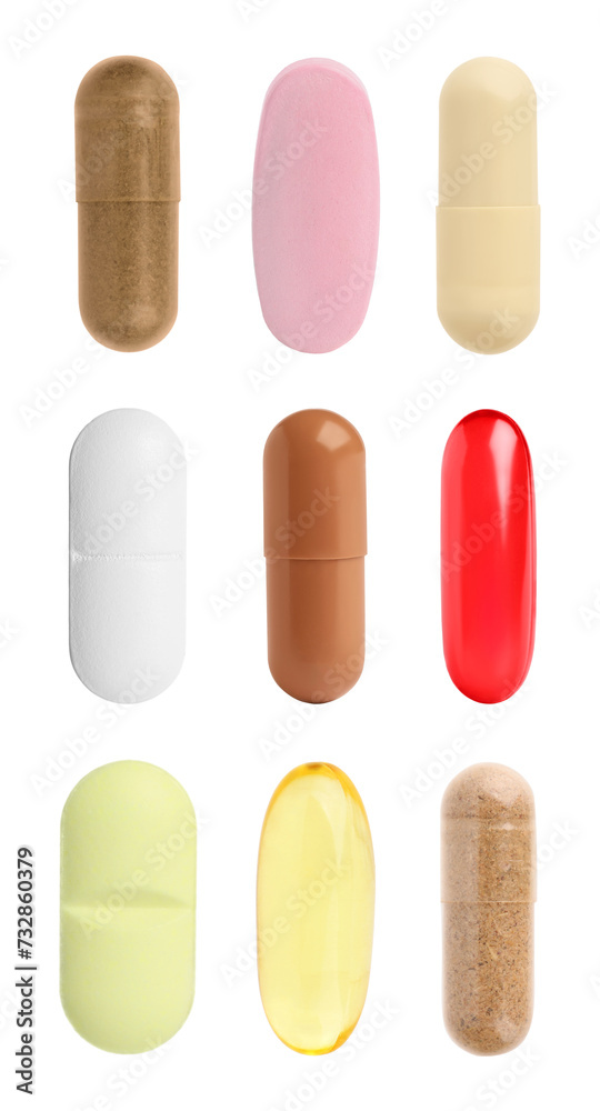 Vitamin. Many different pills isolated on white, set
