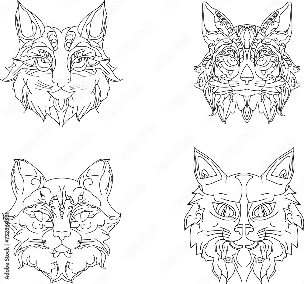 Set of cats, mandala inspired themed cat faces, black lines white background Set of cats, mandala inspired themed cat faces, black lines white background