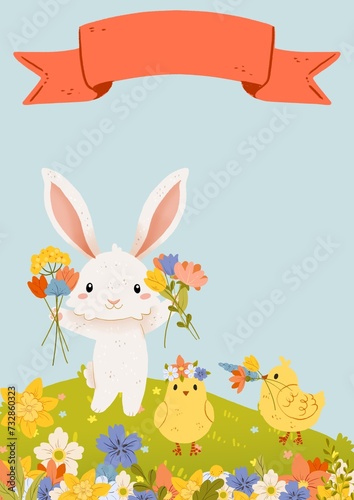 Easter cartoon white spring bunny with eggs and chicken illustration. Cute easter character.