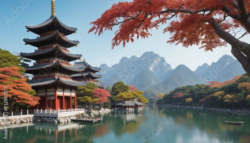 Ancient Pagoda & Serene Lake in Asian Setting