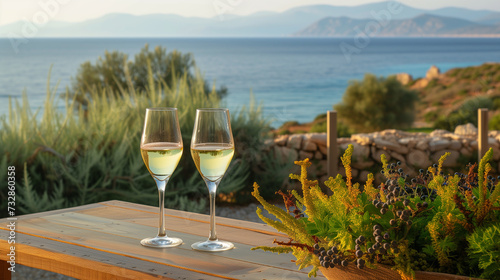 Two glasses of white wine on a harvest table by the sea. banner size  room for copy.