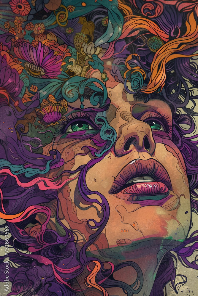 illustrative portrait with a women with closed eye, trendy illustration style with vibrant colors illustrative portrait with a women with closed eye, trendy illustration style with vibrant colors