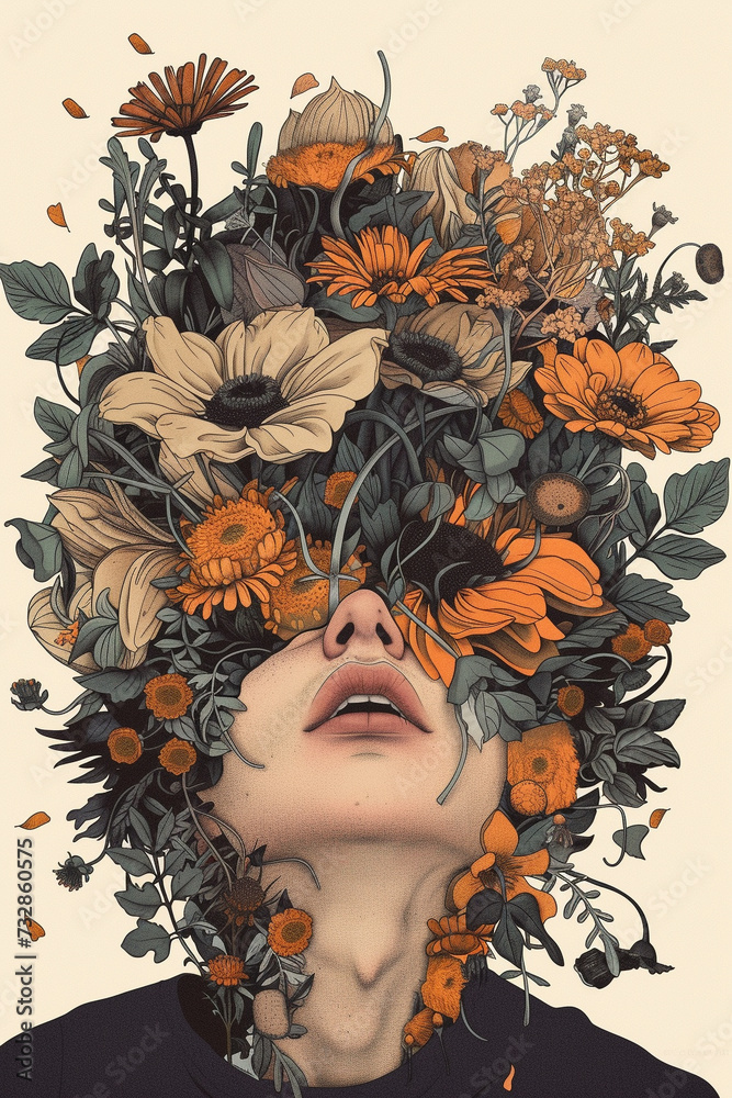 Enchanting Floral Fantasies: Surreal Illustrations of Heads Amidst Vibrant Blooms, Perfect for Modern Graphic Design and Creative Expression