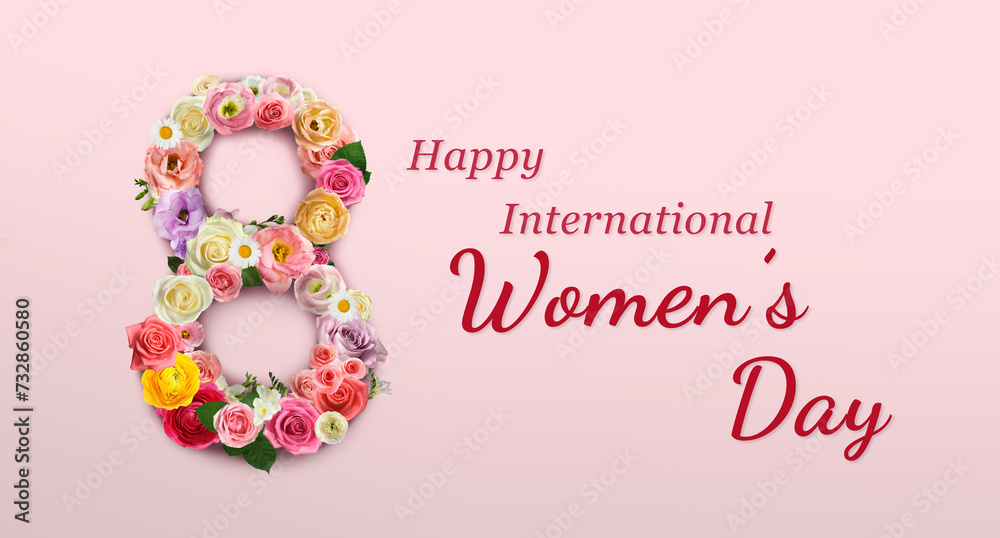 Happy International Women's Day greeting card design with number 8 of beautiful flowers on pink background