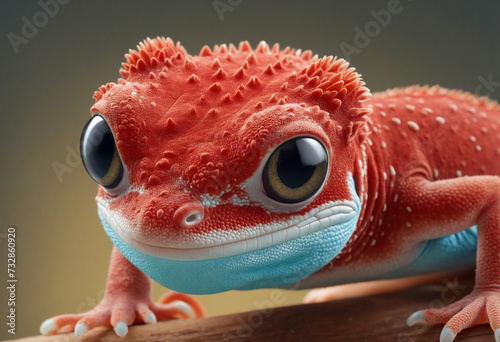 Crimson lizard with large eyes peering over ledge