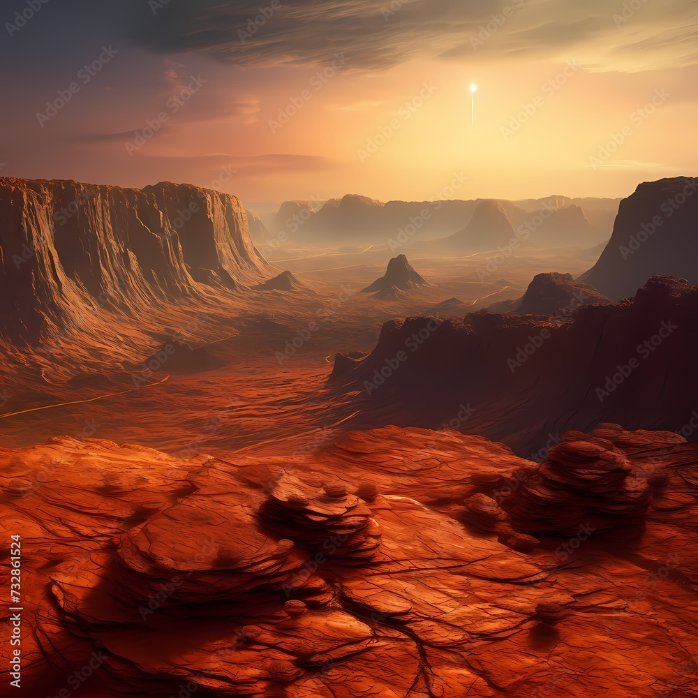 Majestic Mars-Like Desert Landscape at Twilight with Dramatic Sky