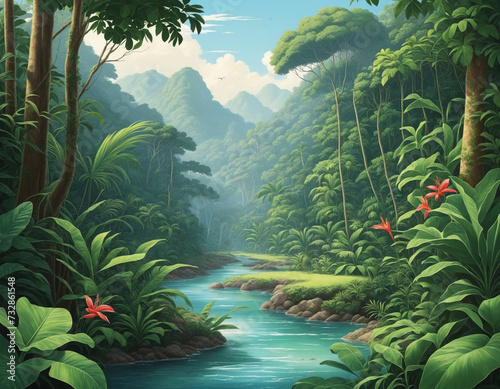 Lush Tropical Rainforest with Abundant Vegetation and a Serene Stream