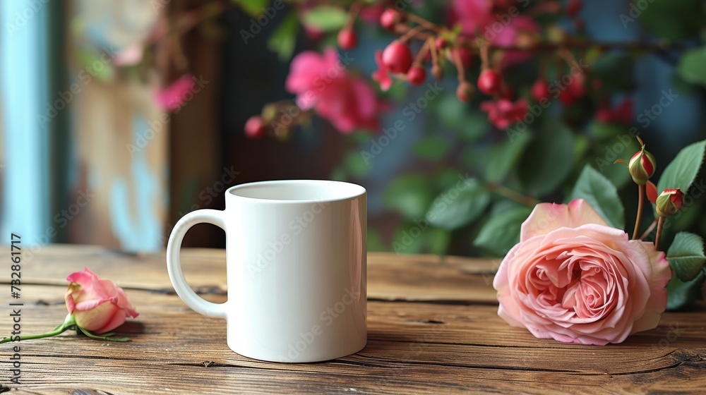 A white coffee mug on a wooden table, mock up, with a pink rose. 
