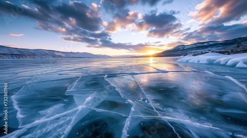 Ice layer with cracks at sunrise close-up. Illustration of frozen lake with cracks and fissures in incredible patterns.